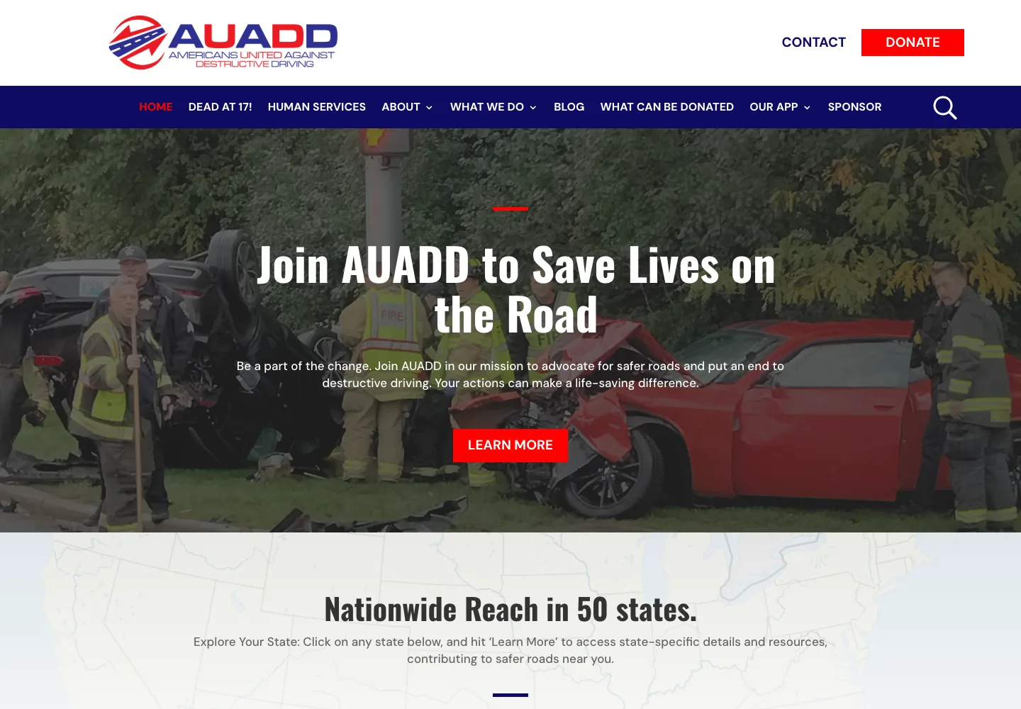 Current AUADD homepage with a road-safety mission, clear navigation, contact, and donate actions